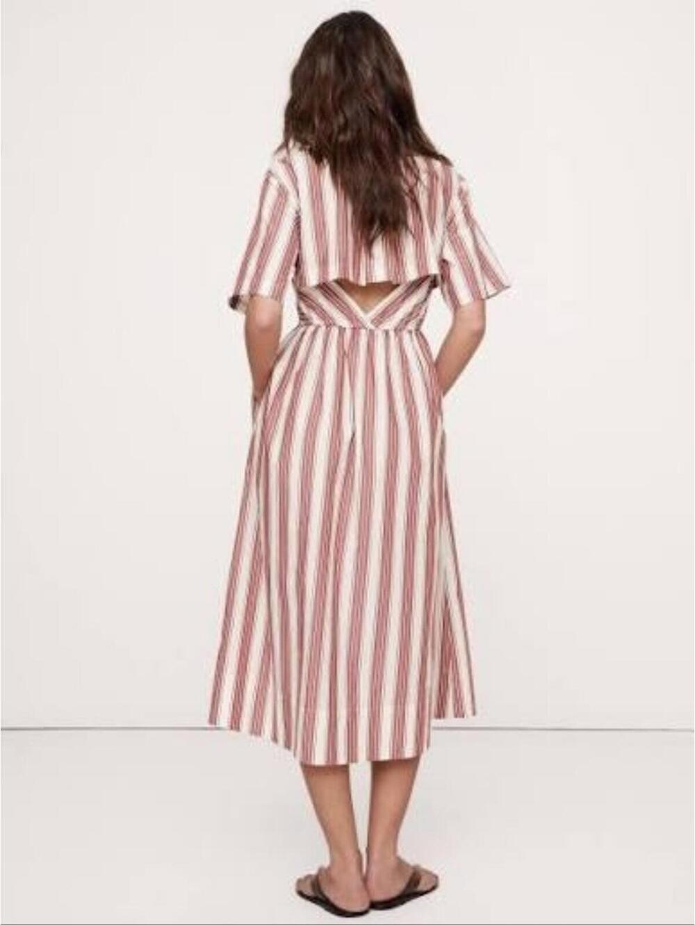 Banana Republic Cotton Poplin Open-Back Shirt Dress Red Stripe dressy SMALL - Picture 3 of 4
